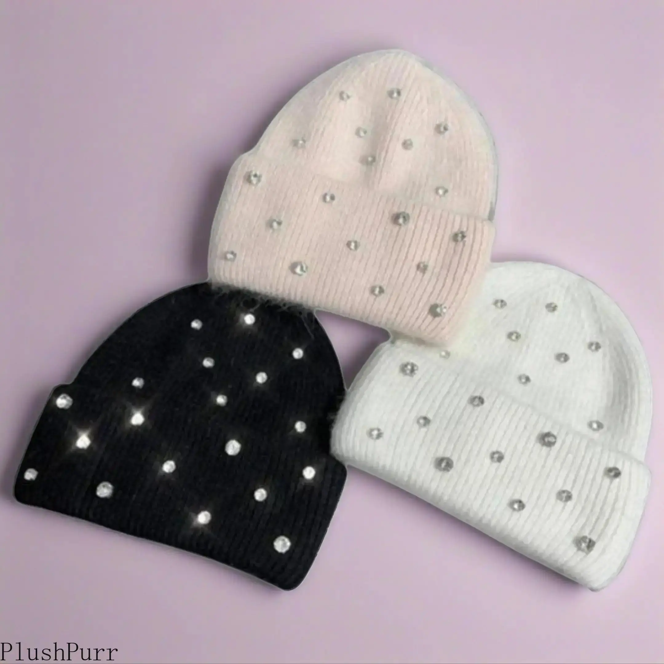 Plush Faux Fur Beanie with Sparkling Rhinestones, Unisex Fitted Winter Hat for Warm Casual Wear and Daily Commuting, Solid Color 56-59cm, Dress Up Hat, Trendy Hat tiktokshopbacktoschool