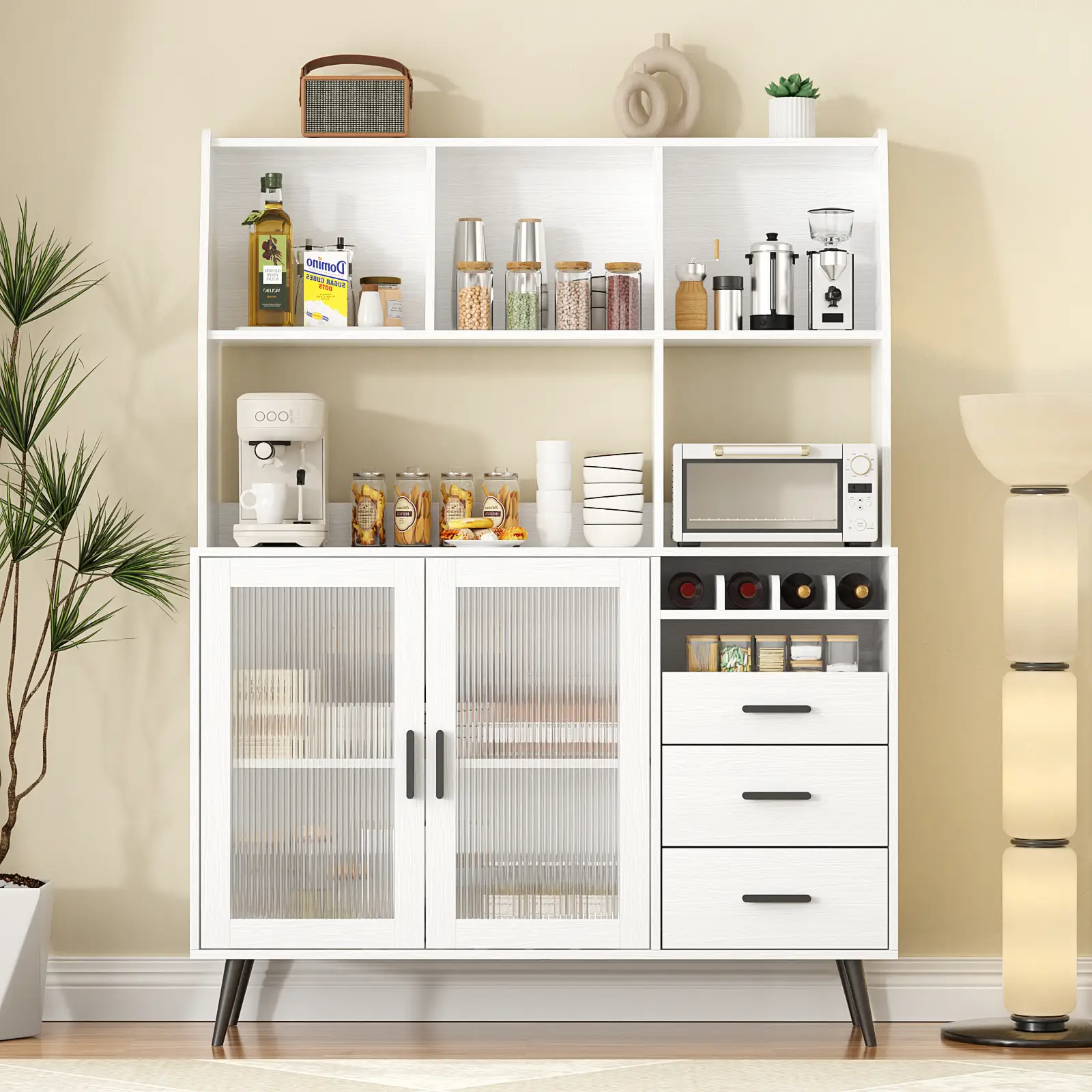 VOWNER Kitchen Hutch Storage Cabinet, Freestanding Kitchen Pantry with Glass Doors and 3 Drawers, Modern Sideboard Buffet Cabinet for Dinning Room, Li