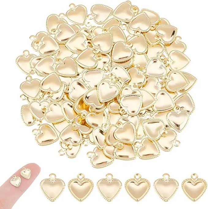 100pcs Golden Puffy Tiny Heart Charms Love Stainless Steel Pendants 1mm Small Hole Heart Dangle Charms for DIY Necklace Bracelet Earring Jewelry Making 10x8x0.8mm