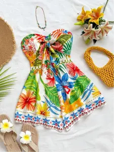 Watercolor Silhouette Print Backless Romper, Strapless Loose Fit, Perfect for Vacation, Cruise, Party, Date, Valentine's Day, Layering, Womenswear