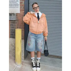 TCH Y2K Rhinestone Denim Shorts for Women | Vintage Washed Baggy Jean Shorts with Glitter Floral Letter Print, Streetwear Skater Bermuda Shorts
