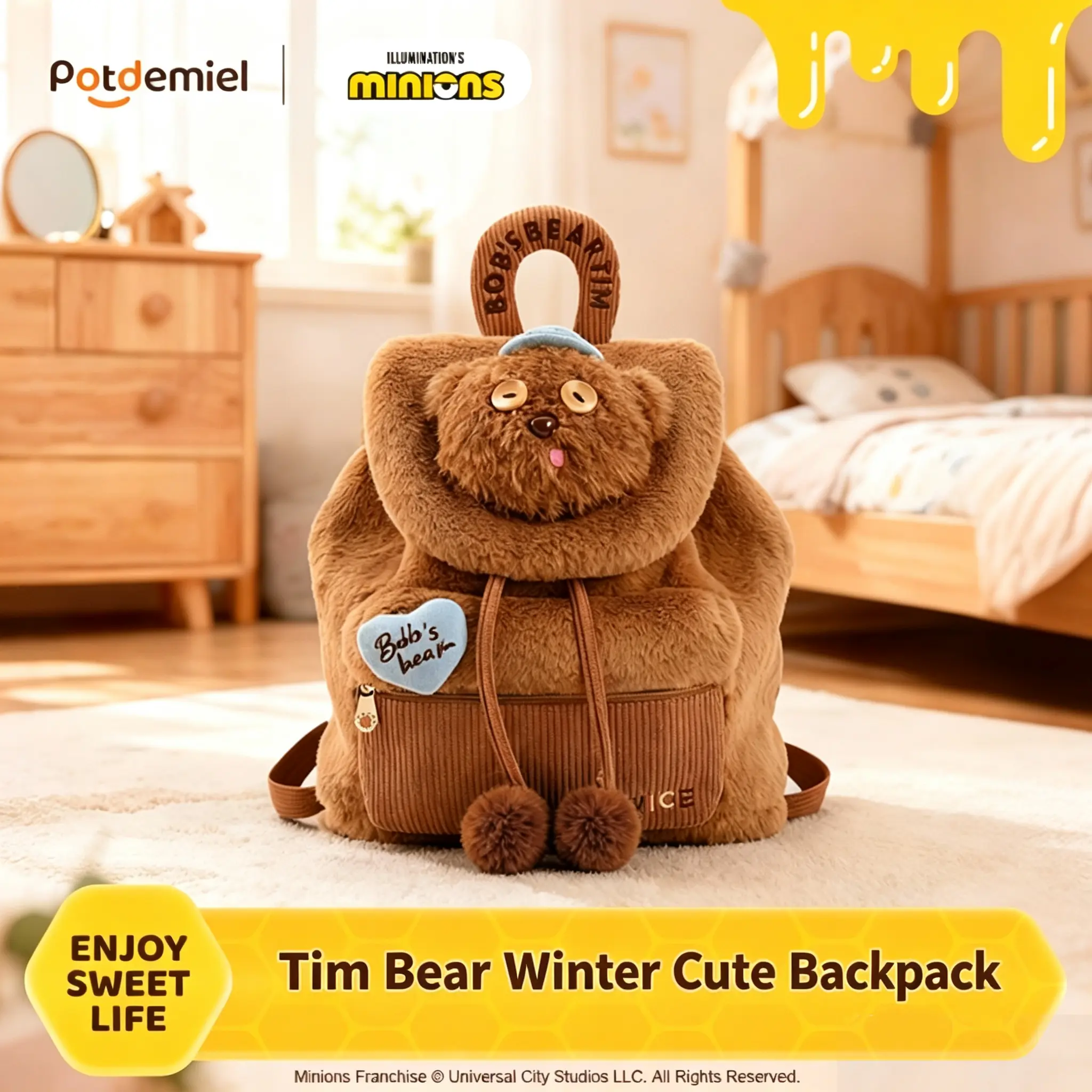 [Back to school]MINISO x Minions Tim Bear Winter Plush Mini Backpack | Cute Soft Bookbag for Kids, School, Travel & Everyday Use, Back To School