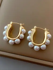 Elegant Minimalist Pearl Earrings, U-Shaped Circle Design, Freshwater Pearl & Plating, Hypoallergenic Jewelry Gift for Her