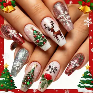 Long Christmas nail art patches with glitter, snowflake and reindeer patterns, artificial nail plates