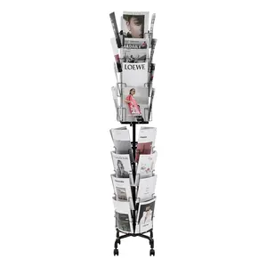Greeting Cards Display Rack With 32 Pockets - Rotating 360° Card And Brochure Stand, Spinning Display Rack With Sign Holder And Four Wheels (Two Lockable) - Mobile Exhibition, Trade Show, Office, And Retail Card Display