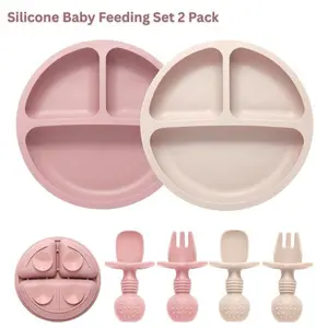 Silicone Baby Feeding Set 2 Pack – Suction Divided Toddler Plates with Spoons & Forks, BPA Free Baby Led Weaning Supplies, Non Slip Infant Feeding Essentials for Toddlers Kids