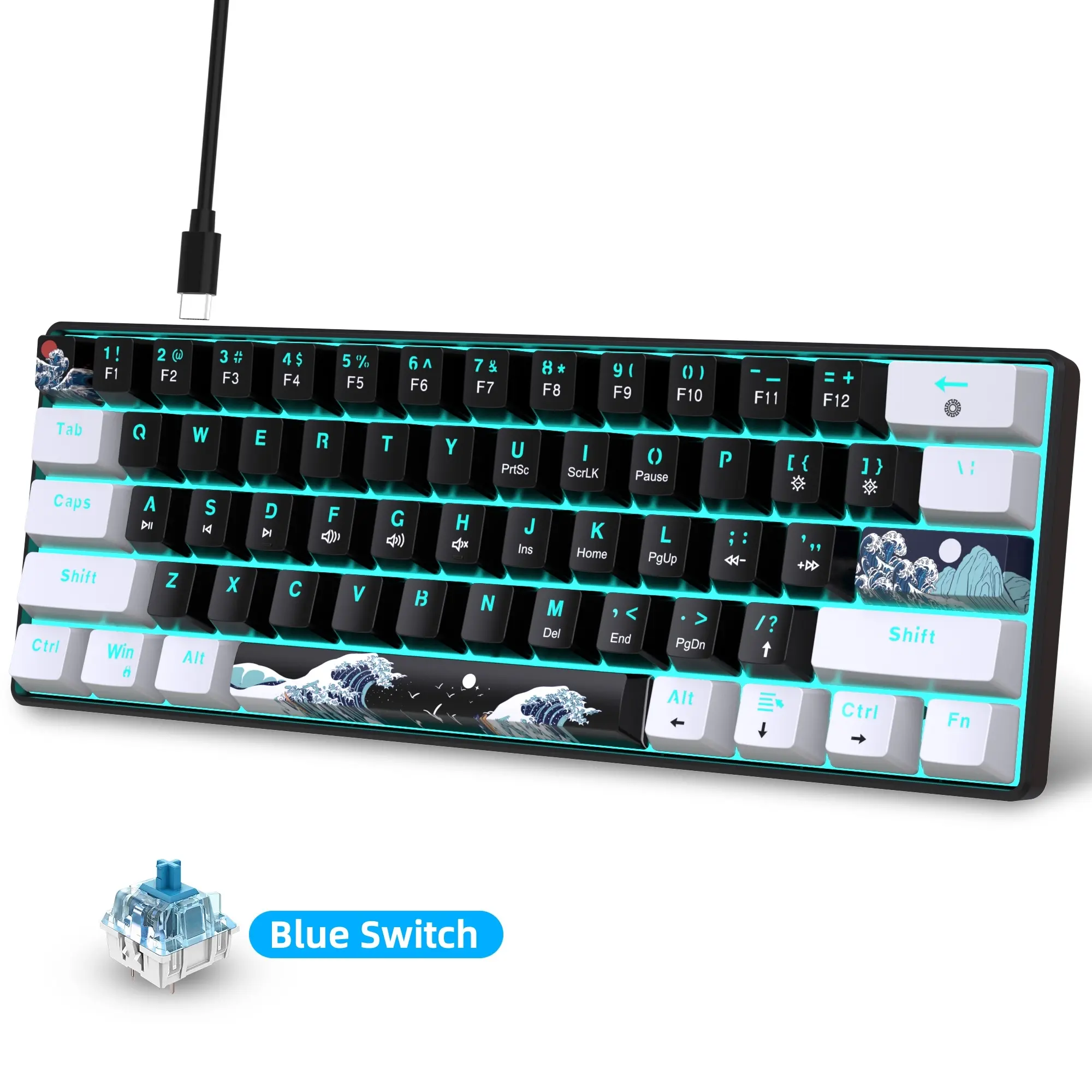 Mechanical Keyboard, Wired 60% PC Gaming Keyboard with Blue Switch & Sea Blue Backlit, Portable Compact 61-key Gaming Keyboard for Gamer, Gaming Accessories