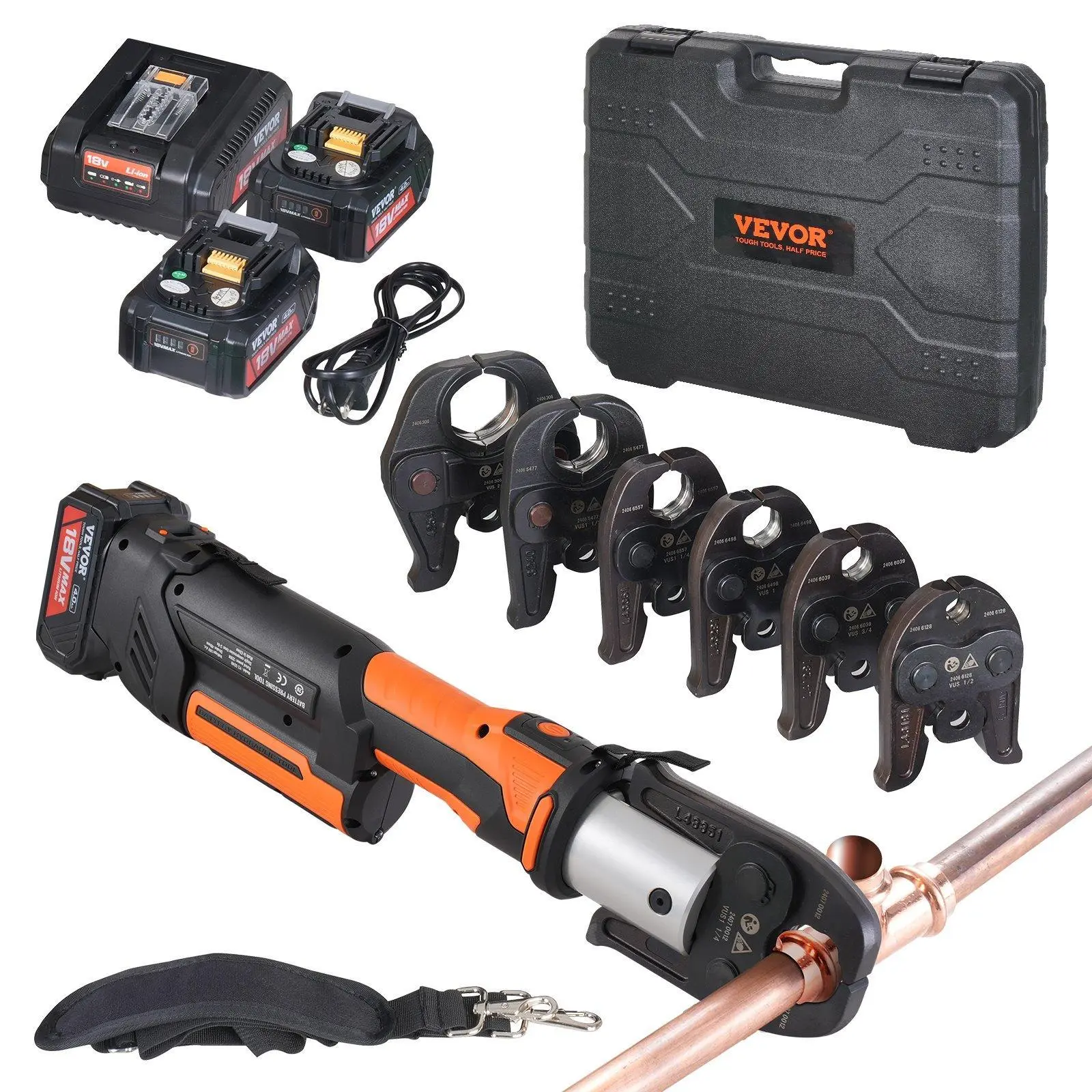 【DealsForYouDays】VEVOR ProPress Tool,  , 18V Electric Pipe Crimping Tool for 1/2”, 3/4”, 1”, 1 1/4", 1 1/2", 2" Copper Pipes, Press Tool Kit with Brushless Motor, 6 Pro Press Jaws, 2pcs 4AH Battery