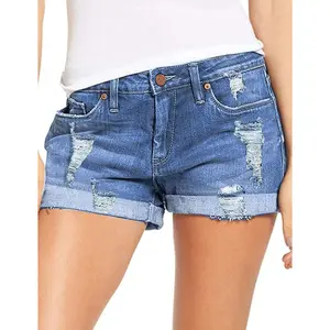 Womens Mid Rise Denim Shorts Stretchy Ripped Jean Shorts Folded Hem Hot Short Jeans Casual Y2K Mid Waisted Ripped Destroyed Jorts Summer Zipper Fly Button Denim Shorts with Pockets