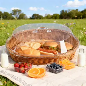 Rattan Bread Basket with Clear Acrylic Lid Washable Food Serving Tray for Bread Pastries Fruits Snacks Durable Woven Storage Organizer for Kitchen Picnic Home Display Utensils Desserts Transparent Aesthetic Cover Utility