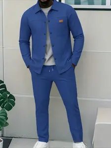 Men's 2-Piece Spring Fall Long Sleeve Jacket Set, Menswear, Casual Fitted Style, Waffle Comfort Fabric, Plain Color, Front Pocket Design