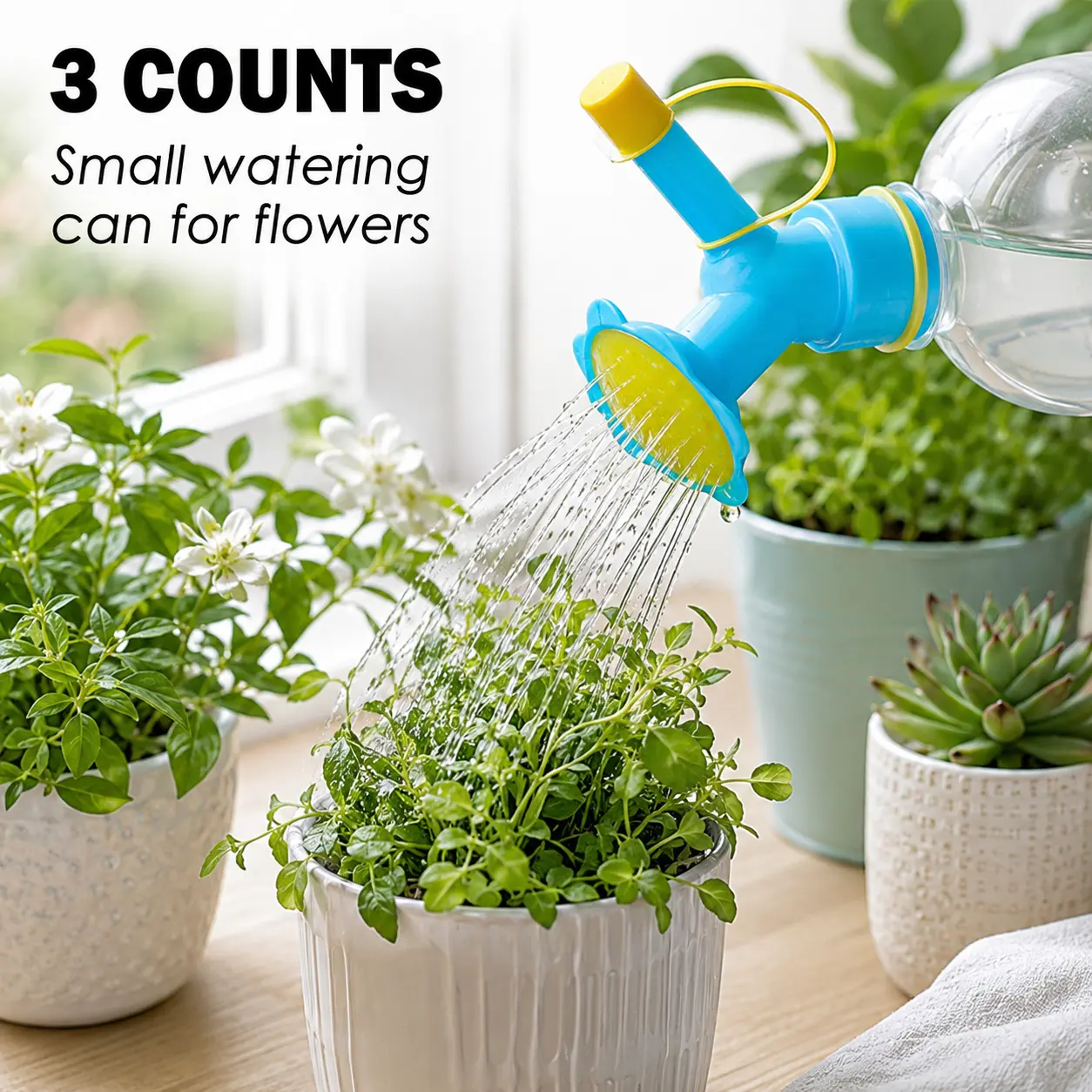 3 Counts, Dual Outlet Bottle Watering Sprinkler Nozzle, Even Mist for Delicate Leaves, Direct Stream for Roots, Ideal for Succulents and Patio Plants, Mixed Color