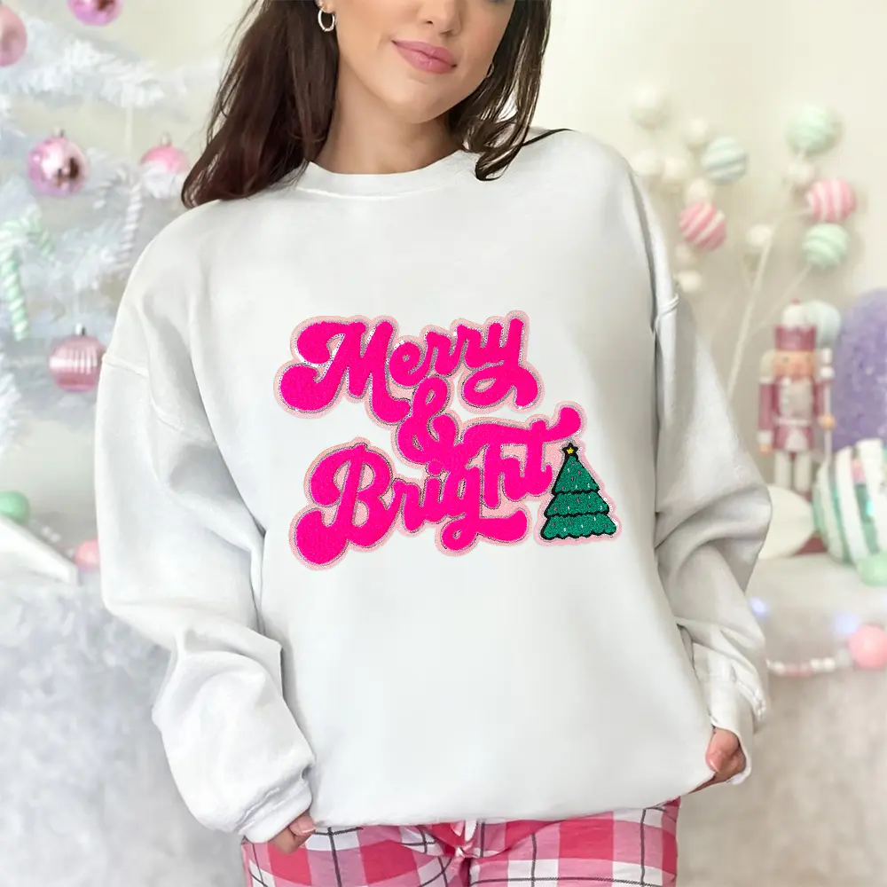 Large Cotton Iron-On Chenille Patches - Bright Faux Christmas Tree, Sequin-Embroidered, Glitter-Edged Hot Pink DIY Hoodie Accessories, 8x11in Holiday Gifts