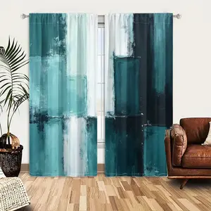 2pcs Window Curtains, An abstract painting composed of textured rectangular blocks in a palette of teal, turquoise, white, and deep blue-green with visible brushstrokes.Window Drapes for Bedroom Living Room, Rod Pocket Window Treatment