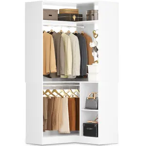 Space-Saving Corner Wardrobe with Rack - Corner Closet System With Shelves, 34'' Organizer With Hanging Rods, Wood Walk-in for Small Space, Freestanding Tower, L Shaped Garment Rack
