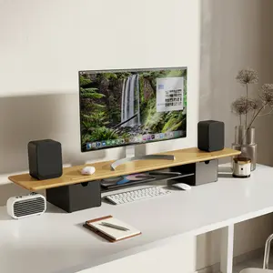 Mount-It! Extra Wide Monitor Riser with Drawers & Shelf, Desk Organizer Stand for Dual Monitors or Laptop, Holds 66 lbs, Wood Monitor Stand