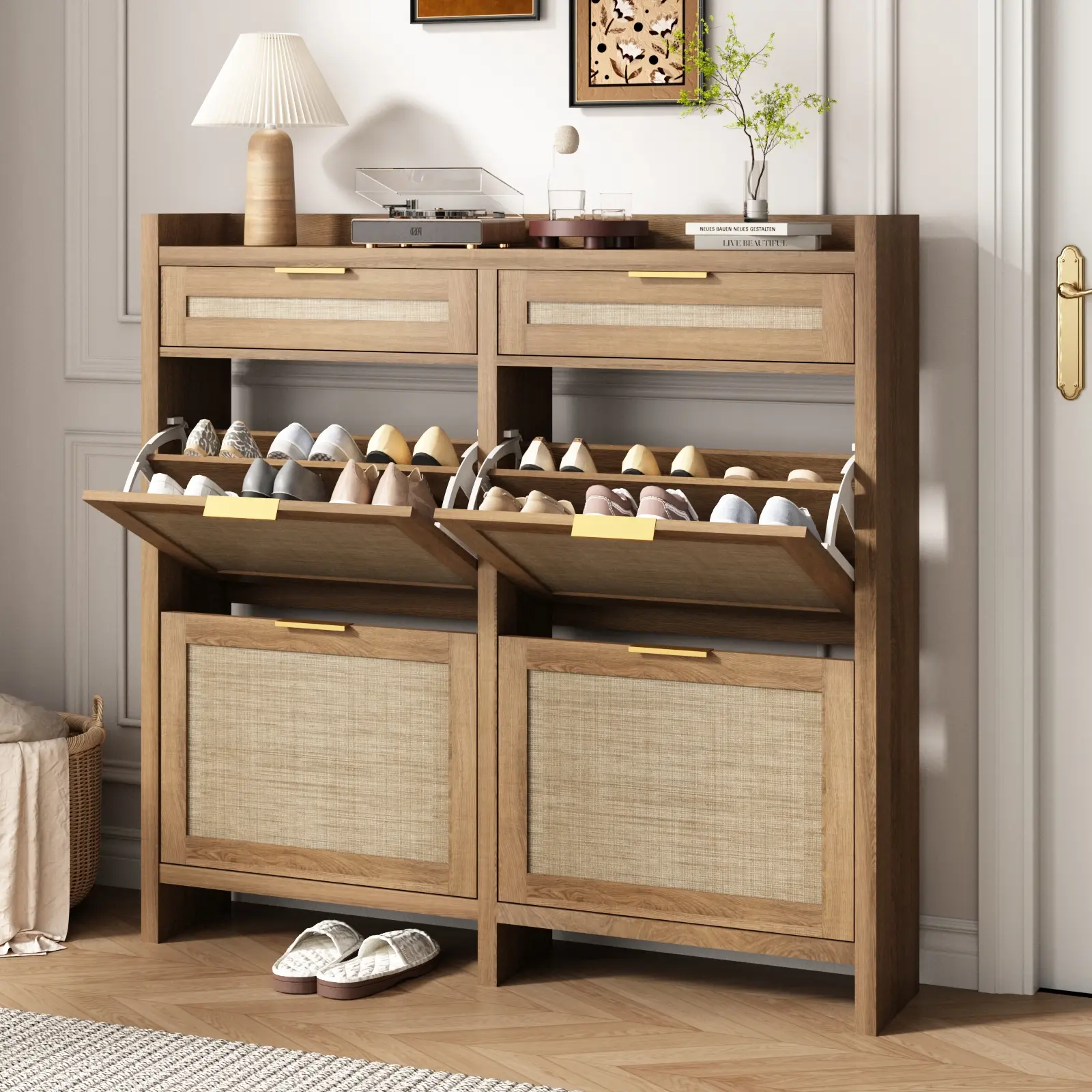 PieDle Furniture Oversized Rattan Shoe Storage Cabinet with 4 Flip Drawers & 2 Drawers – Hidden Slim Shoe Organizer for Entryway, Large Tabletop Space, Farmhouse Boho Narrow Shoe Rack