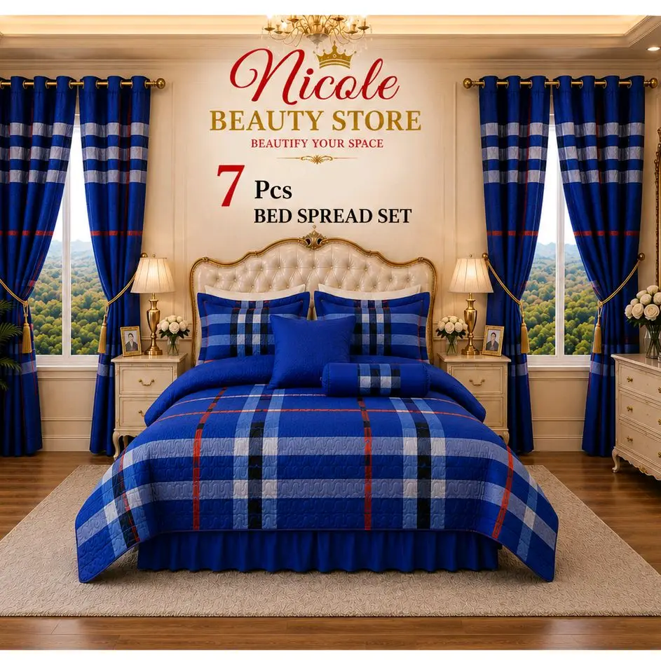 7-Piece King Size Bedspread Set with Matching Curtains & Valances – Luxury Plaid Bedroom Collection