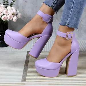 Women's PU Leather Platform Pumps 5.51-inch High Chunky Block Heels Round Closed Toe with Ankle Strap Elegant Fashion Comfortable Dress Heeled Shoes for Wedding Party