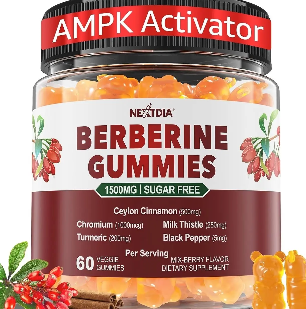 Berberine Gummies Supplement 1500mg, Natural GLP-1 Support + Ceylon Cinnamon, Chromium, Milk Thistle, Turmeric, AMPK Activator for Women & Men, Berberine HCl from Indian Barberry, Sugar Free, 60 Count