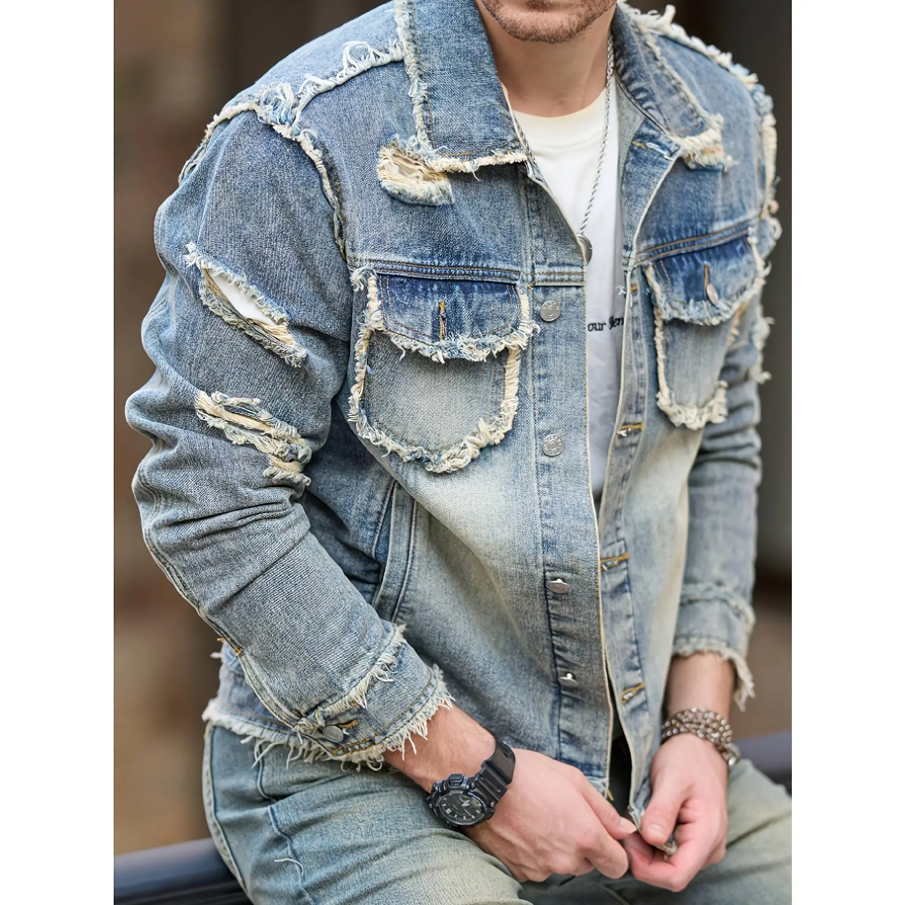 Men's Retro Distressed Denim Jacket, Heavy-Duty Long Sleeve Trucker with a Plain Vintage Wash for Street Style Coats Pocket, Menswear, Casual, Outdoor, Fashion Apparel, Frayed Edges, Square Neck