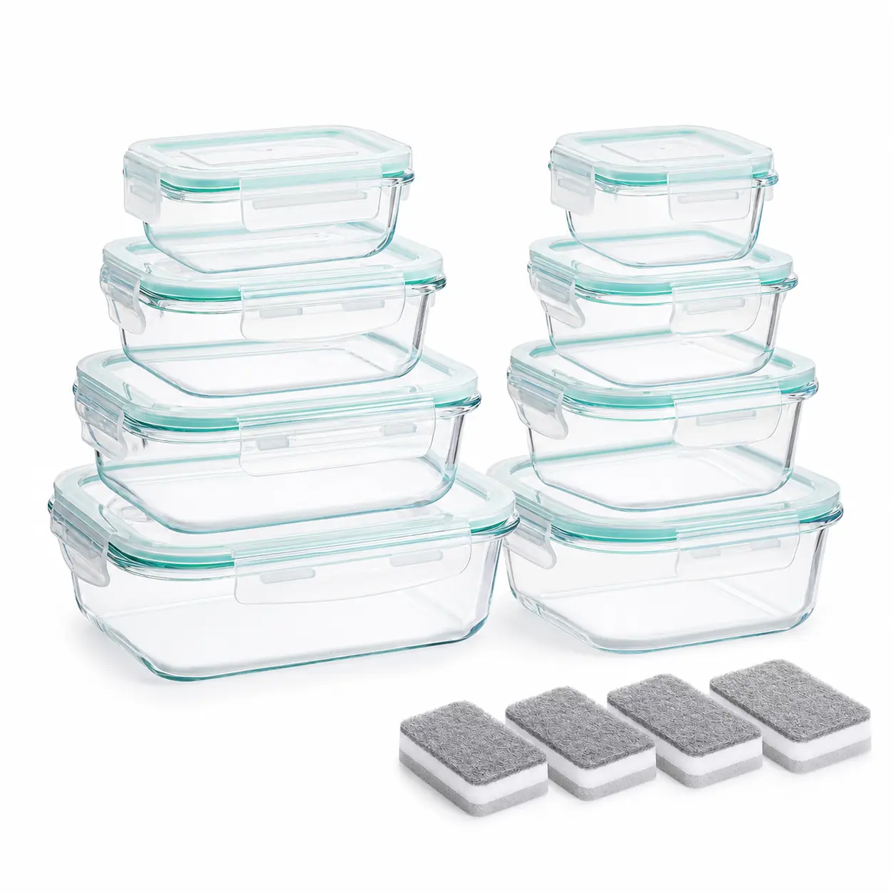 8-Pack Glass Meal Prep Containers with Locking Lids, Assorted Size Glass Food Storage Container Set for Lunches, Leftovers and Kitchen Organization, 4 Cleaning Pads Included,meal prep tools stackable fruit