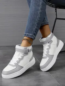 Women's High-Top Breathable Sneakers, PU Leather Patchwork Design, Round Toe Comfortable Casual Shoes, All Season Wear, Trendy Daily Commute Footwear