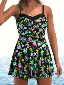 Women's Plus Size Fashion Elegant Floral Print Adjustable Strap Dress & Bikini Set, Casual Striped Swimsuit, Skirted Swim Dress, All Seasons
