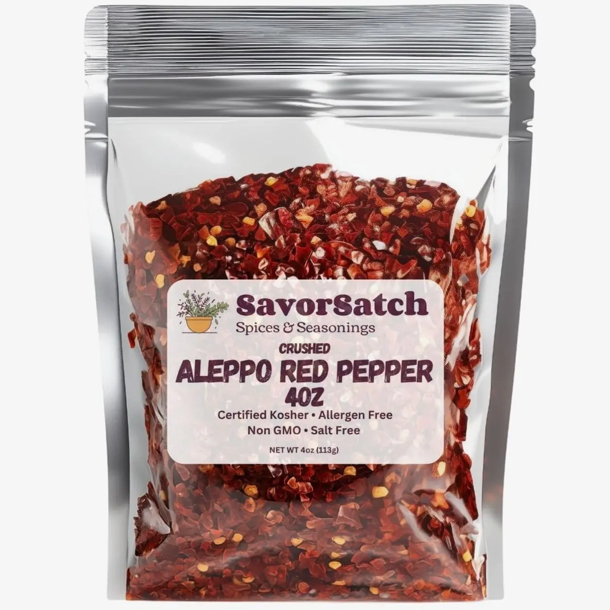 SavorSatch Aleppo Red Pepper Flakes - 4 oz Resealable Pouch | Certified Kosher, Moderately Spicy Halaby Chili Pepper | Authentic Turkish Flavor | Crushed Red Capsicum annuum for Cooking and Seasoning