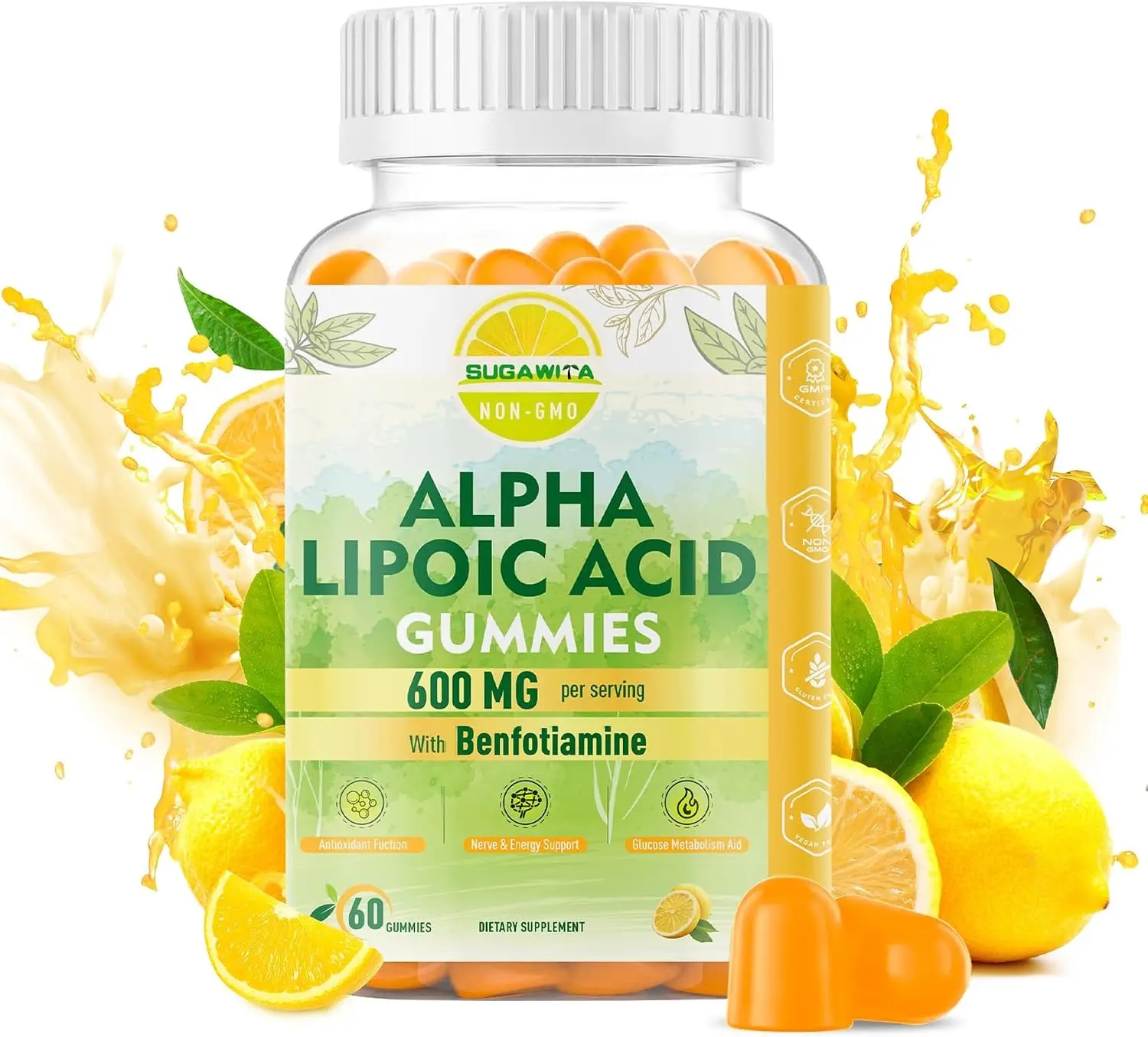 SUGAWITA Pure R-Alpha Lipoic Acid 600mg with Benfotiamine for Nerve Support, Antioxidant Support, ALA Supplement Alpha Lipoic Acid Gummies - Vegan, Sugar-Free, 60 Counts