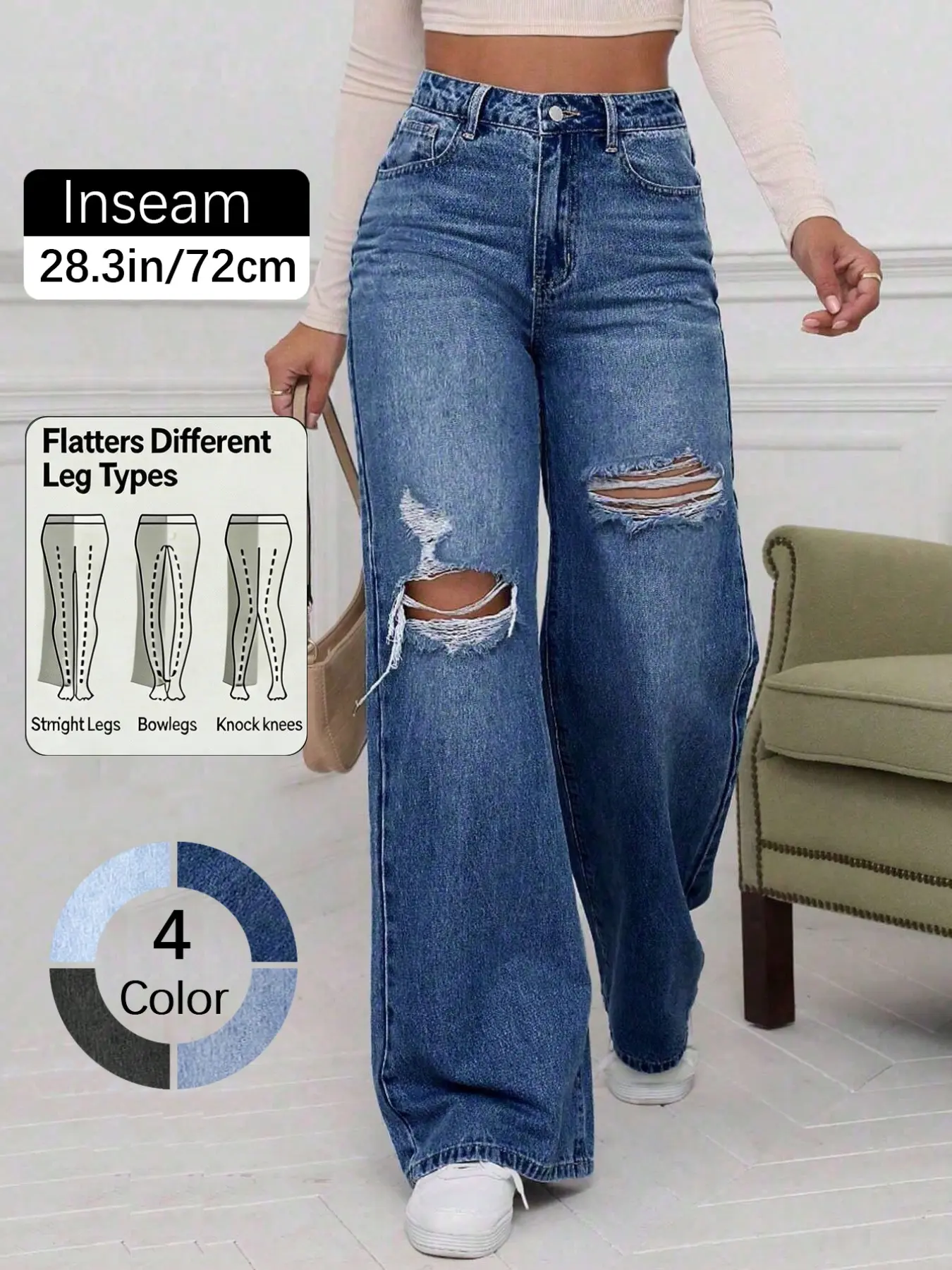 High-Waisted Ripped Jeans, Loose-Fitting Button Fly Dark Wash Denim Jeans, Mid Waist Floor-Length Casual Basic Style, All-Season Streetwear Pants Womenswear