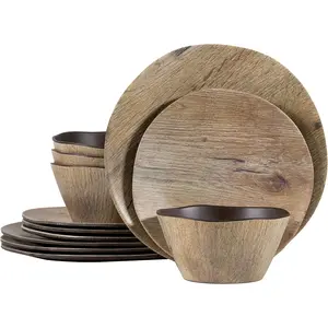 Craft & Kin Melamine Dinnerware Sets - 12 Pcs Melamine Plates Outdoor Plates Summer Plates and Bowls Sets Melamine Plates Ideal Camping Dish Set Dinnerware Set for 4 Dishwasher Safe (Wood Grain) Craft & Kin