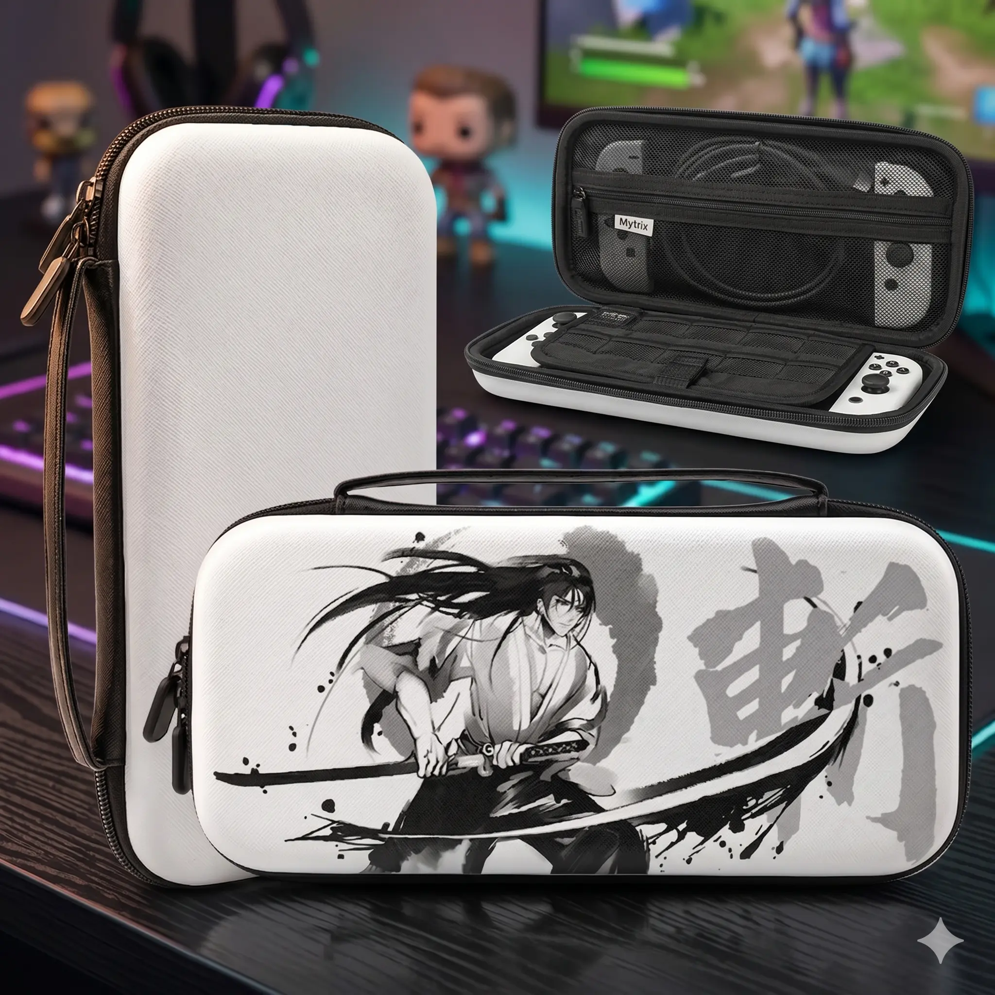 Hard Shell Travel Case for Nintendo Switch Console & Game Accessories - Black Samurai Portable Pouch for Gamers, 11 Card Slots, Comfortable Handle, Drop-Resistant Traveling Protection, Dreamvault Space & Massive Game Library Storage