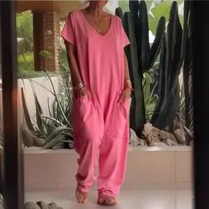 Must-Have Yellow Baggy Romperl V-Neck Pocket Jumpsuit, Soft Light weight Polyester for Spring to Summer Beach & Vacation Outfits