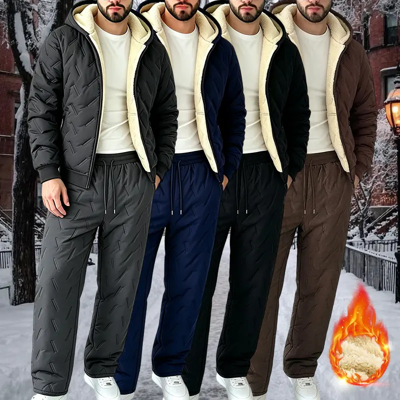 Men’s autumn/winter fleece-lined jacket and pants two-piece set—warm, thick casual athletic outfit with a full-zip design; loose-fit insulated jacket suitable for everyday jogging and streetwear looks outdoors.