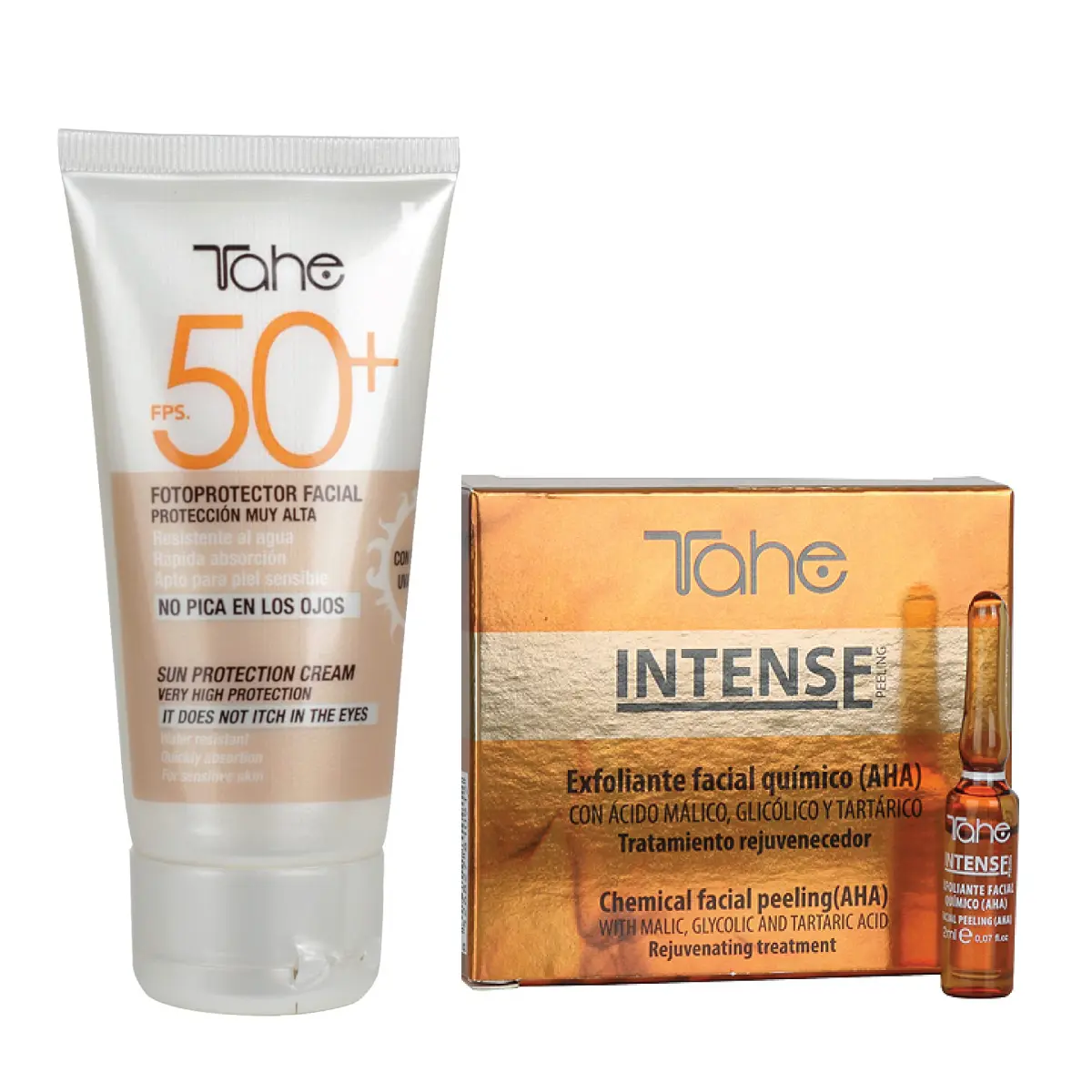 Tahe Facial Kit - ntense Chemical Facial Exfoliant (AHA) 5x2ml + Facial Sunscreen Sun Cream for Water Resistant SPF 50+, 50ml