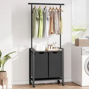Black 2-Section Laundry Bin Sorter with Hanging Rack, Rectangular Rolling Hamper, Portable Wheeled Clothes Basket with Removable Bins, Clothes Basket Organizer for Laundry Room