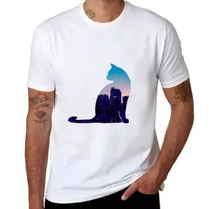 Urban Cityscape Cat Silhouette Graphic Tee - Night Skyline Aesthetic Kitten T-Shirt - Shipped from NY