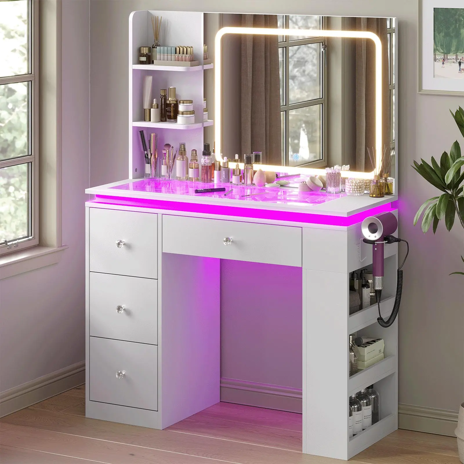 CollaredEagle Modern Makeup Vanity Desk with Glass Top, Mirror, Adjustable Lights, 2 RGB Drawers, Transparent Top, Adjustable Brightness, Power Outlet, Large-Capacity Storage, White