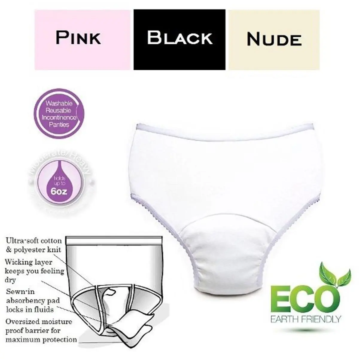 212 MAIN Women's Oversized Reusable Incontinence Panties - Small, 3-Pack, 6 oz, Polyester Knit Cotton Fabric, Sewn-In Absorbency Pad, Waterproof, Wicking Layer, Assorted Colors, for Moderate/Heavy Bladder Incontinence, Panty, Lady