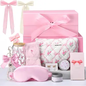 Skylety Pink Bow Floral Gift Baskets for Teen Girls, Women Trendy Stuff Coquette Bow Teen Girl Self Care Birthday Box Gift for Her, Sister Friend Women Sweet 16th 18th 21st Box