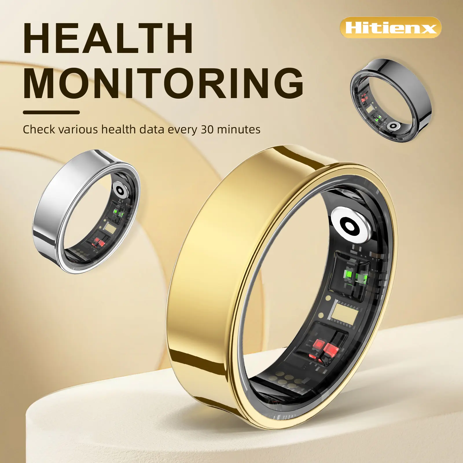Hitienx Smart Ring Health Monitor with Heart Rate Calories Sleep Cycle Stress Mood Tracking IP65 Waterproof Gold Finish Perfect Gift for Men Women #SummerFinds