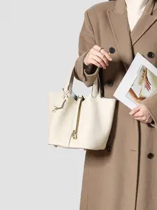 Women's Fashion Plain Leather Bucket Bag 22cm, Casual Asymmetrical Handbag, All Seasons, Versatile and Stylish