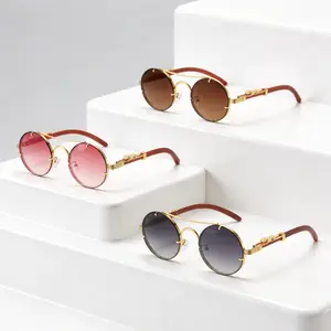 3 Pairs Metal Frame Round Leopard Pattern Wood Grain Temple Sunglasses, Retro Light Luxury Double Bridge Sunglasses, Trendy Personality Men’s Sunglasses