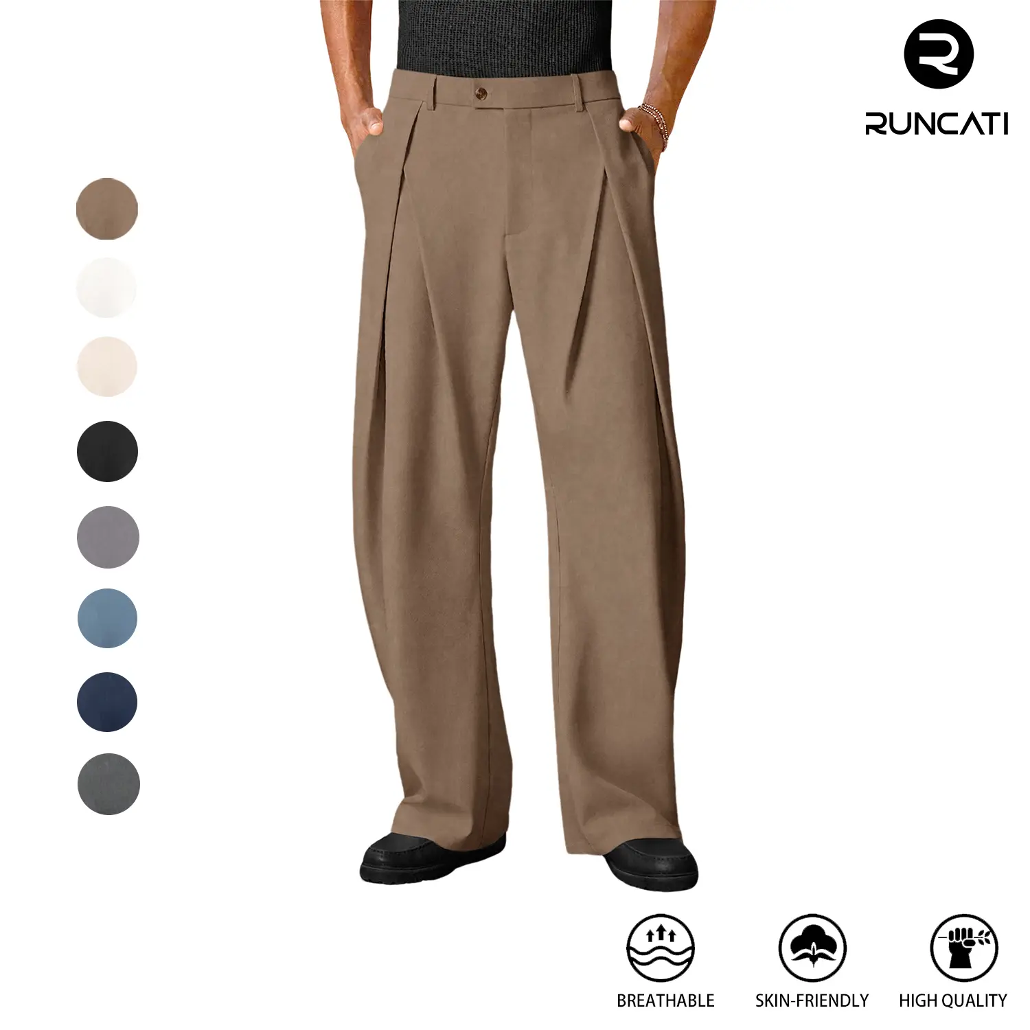 Runcati Mens Baggy Wide Leg Dress Pants Pleated Zipper Fly Casual Elastic Waist Trousers Relaxed Fit Work Business Slacks