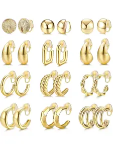 12 Pairs of Clip on Hoop Earrings for Women Gold Ear Clips Thick Round Swivel Hoop Earrings Fake Earrings Without Piercing Trendy Jewelry Trend Jewelry Gifts