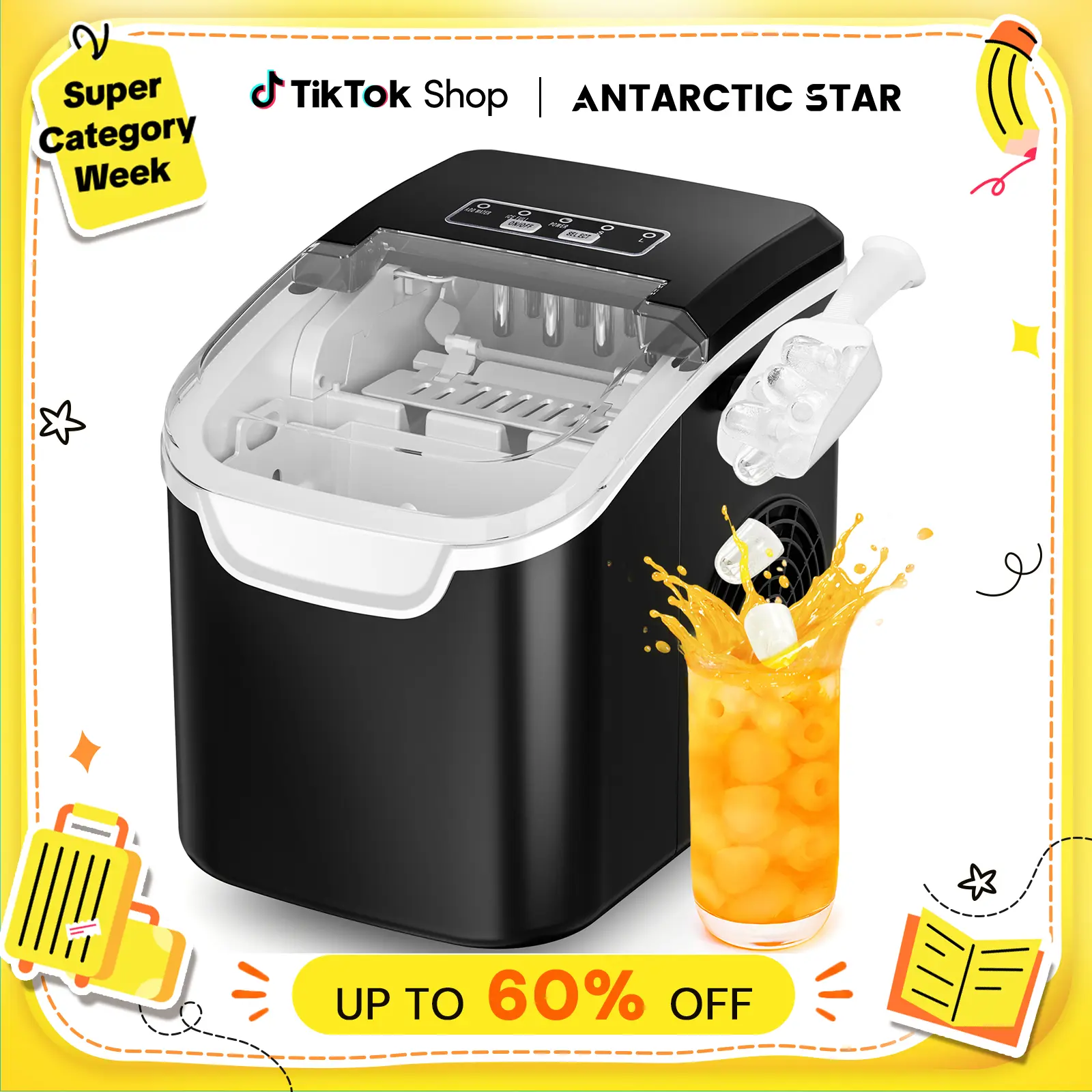 Antarctic Star Countertop Ice Maker Portable Ice Machine with Handle, 26Lbs/24H, Self-Cleaning Ice Makers, 9 Ice Cubes/6 Mins for Home Kitchen Bar Party, Black.