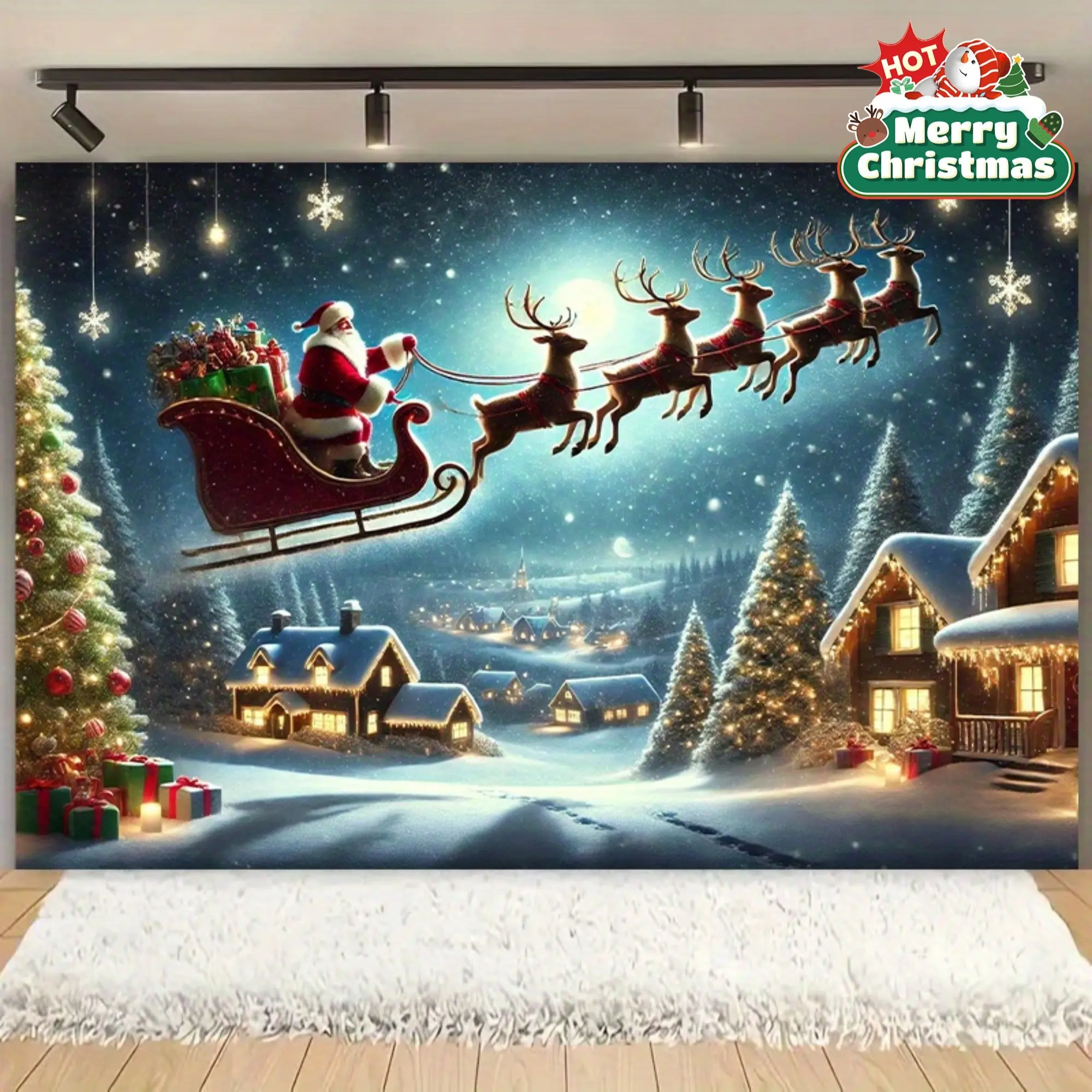 Santa Claus Sleigh Christmas Themed Decorative Banner - Polyester Wall Hanging Backdrop, Multi-Sizes, Ideal for Party Decoration Supplies, Gift Option