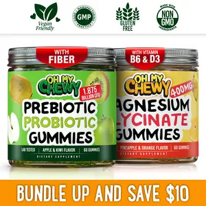 OH MY CHEWY Magnesium Glycinate + Prebiotic, Probiotic and Fiber Gummies Bundle – 2 Bottles (60 Each) – Pineapple Orange & Apple Kiwi Healthy Snacks outdoorfun