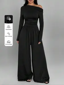 Women's Solid Color Knit Casual Everyday Asymmetrical Shoulder Long Sleeve Ruched Pleated Loose Straight Leg Jumpsuit, Comfortable, Breathable and Stylish One-Piece
